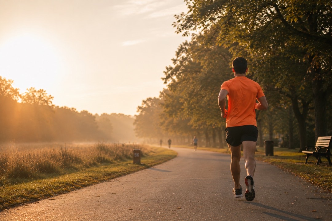 Man in running shorts on a park path at golden hour